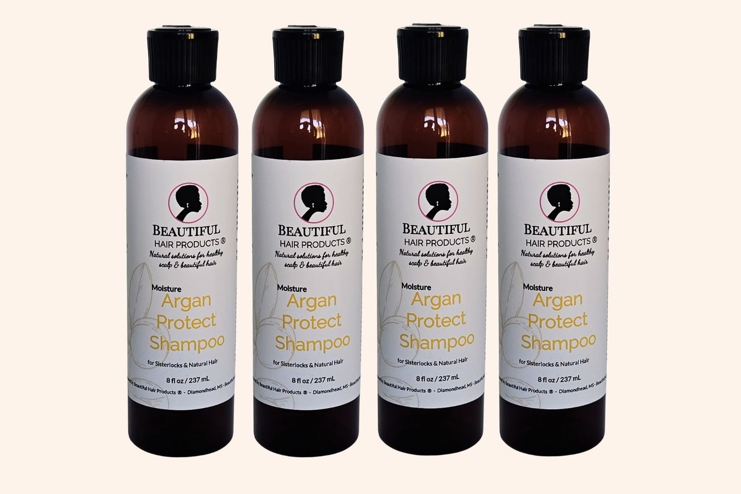 4 bottles of Argan Moisture Protect Shampoo 8oz bottle sulfate-free with gold and cream label for medium porosity hair protection