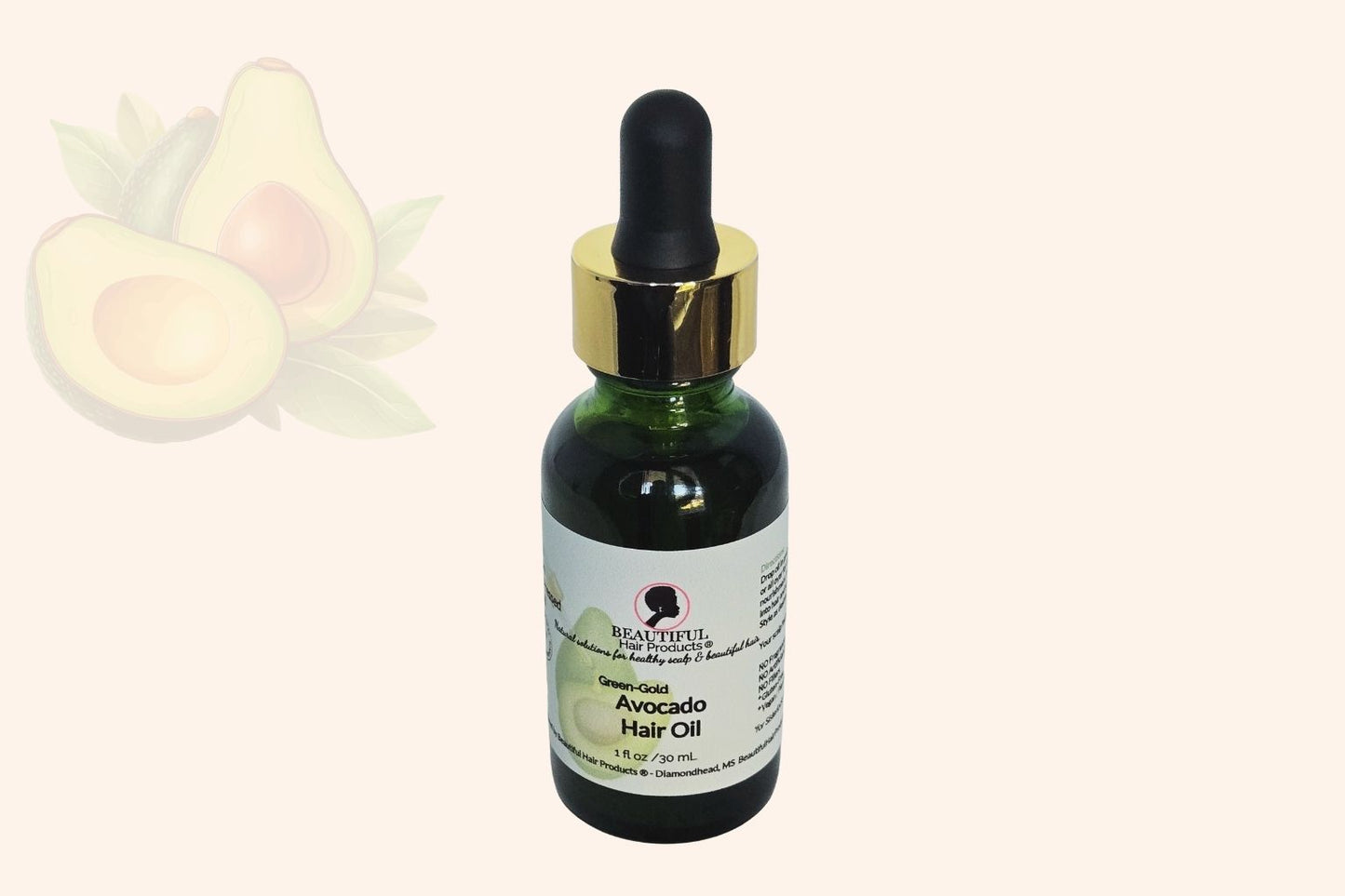 Green-Gold Avocado Hair Oil bottle, 1oz handcrafted virgin oil with gold and green label for Sisterlocks and natural hair