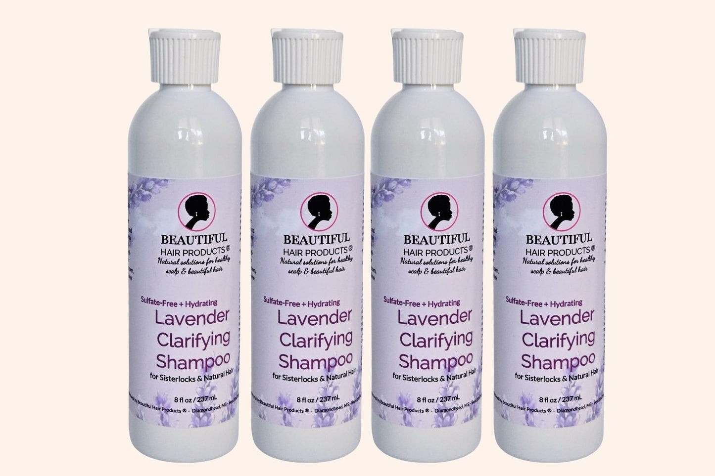 Four bottles of Lavender Clarifying & Hydrating Shampoo bottle, 8oz sulfate-free with purple and cream label for high porosity hair