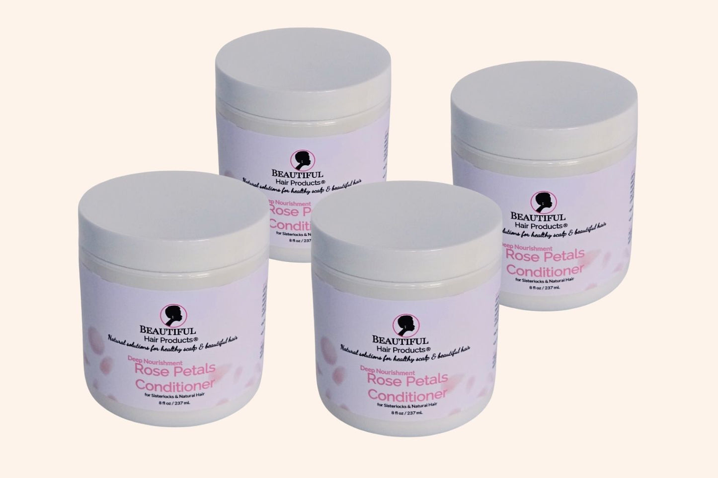 Four jars of Rose Petals Deep Conditioner 8oz jar with pink and cream label for intensive medium porosity hair treatment