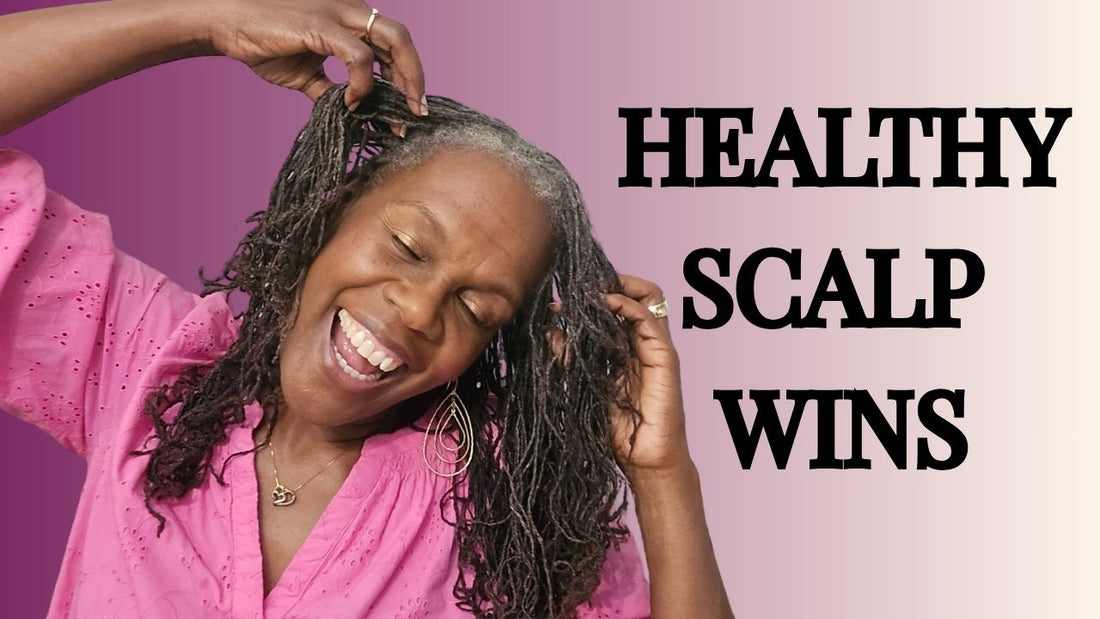 Black woman with Sisterlocks touching her scalp with confidence during a Scalp First education live