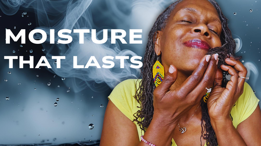 Rene Michelle Floyd embracing her soft Sisterlocks yellow t-shirt yellow earrings background Title Moisture that lasts with steam and water drops