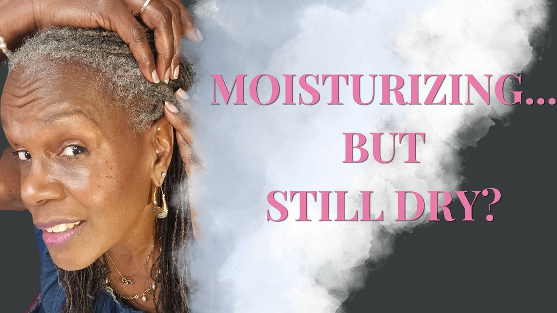 Mid-aged Black woman with Sisterlocks demonstrating a moisture routine for hydrated, healthy natural hair