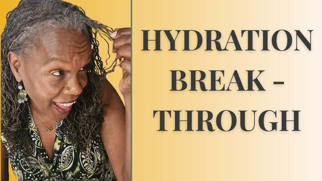Rene Michelle Floyd pulling a strand of Sisterlocks with the title Hydration Break through banner