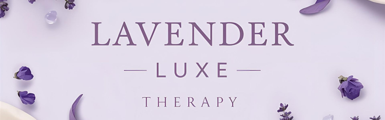 Lavender Luxe Therapy Collection banner with lavender sprigs, therapeutic purple tones and healing spa imagery in deep purple and cream brand colors