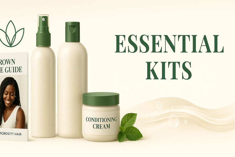 Essential Kits banner with foundational care elements and core products in green and cream brand colors
