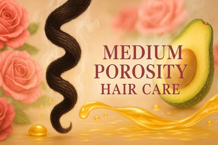 Medium Porosity Hair Care banner with balanced hair cuticles and harmonious moisture flow in gold, pink and cream brand colors