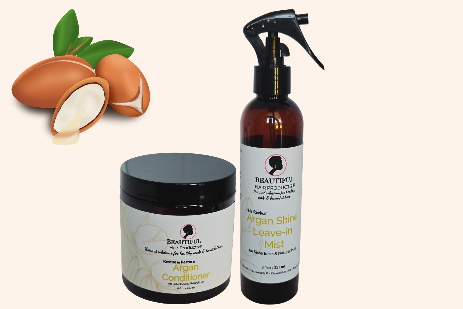 Argan Crown Nourish Starter Kit with shine mist bottle, conditioning cream jar and care guide for medium porosity hair