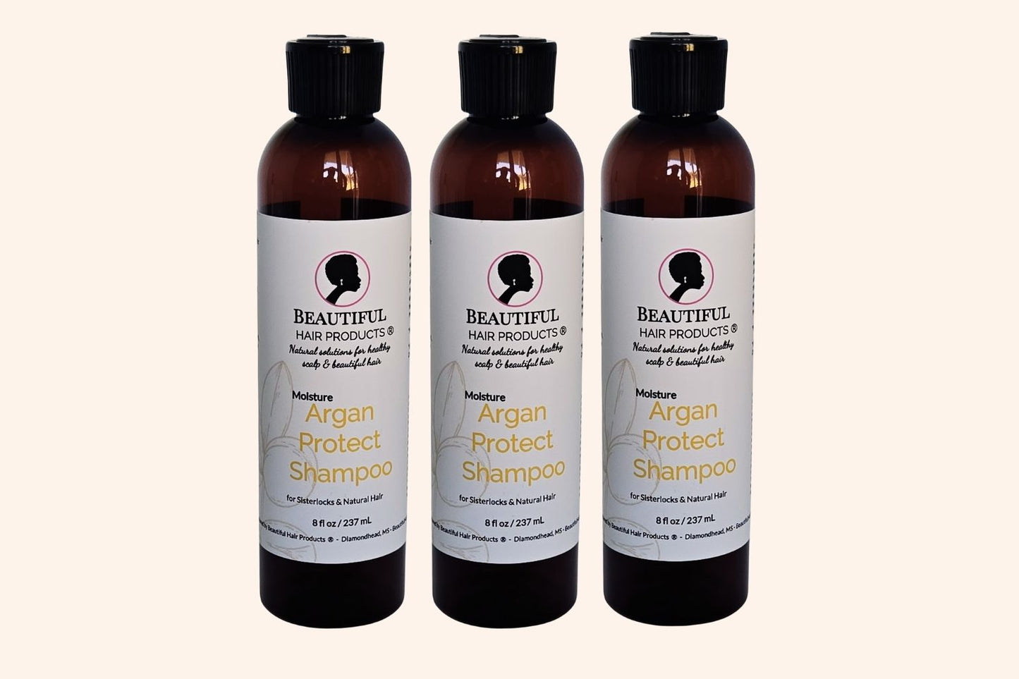 3 bottles of Argan Moisture Protect Shampoo 8oz bottle sulfate-free with gold and cream label for medium porosity hair protection