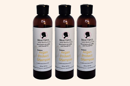 3 bottles of Argan Moisture Protect Shampoo 8oz bottle sulfate-free with gold and cream label for medium porosity hair protection