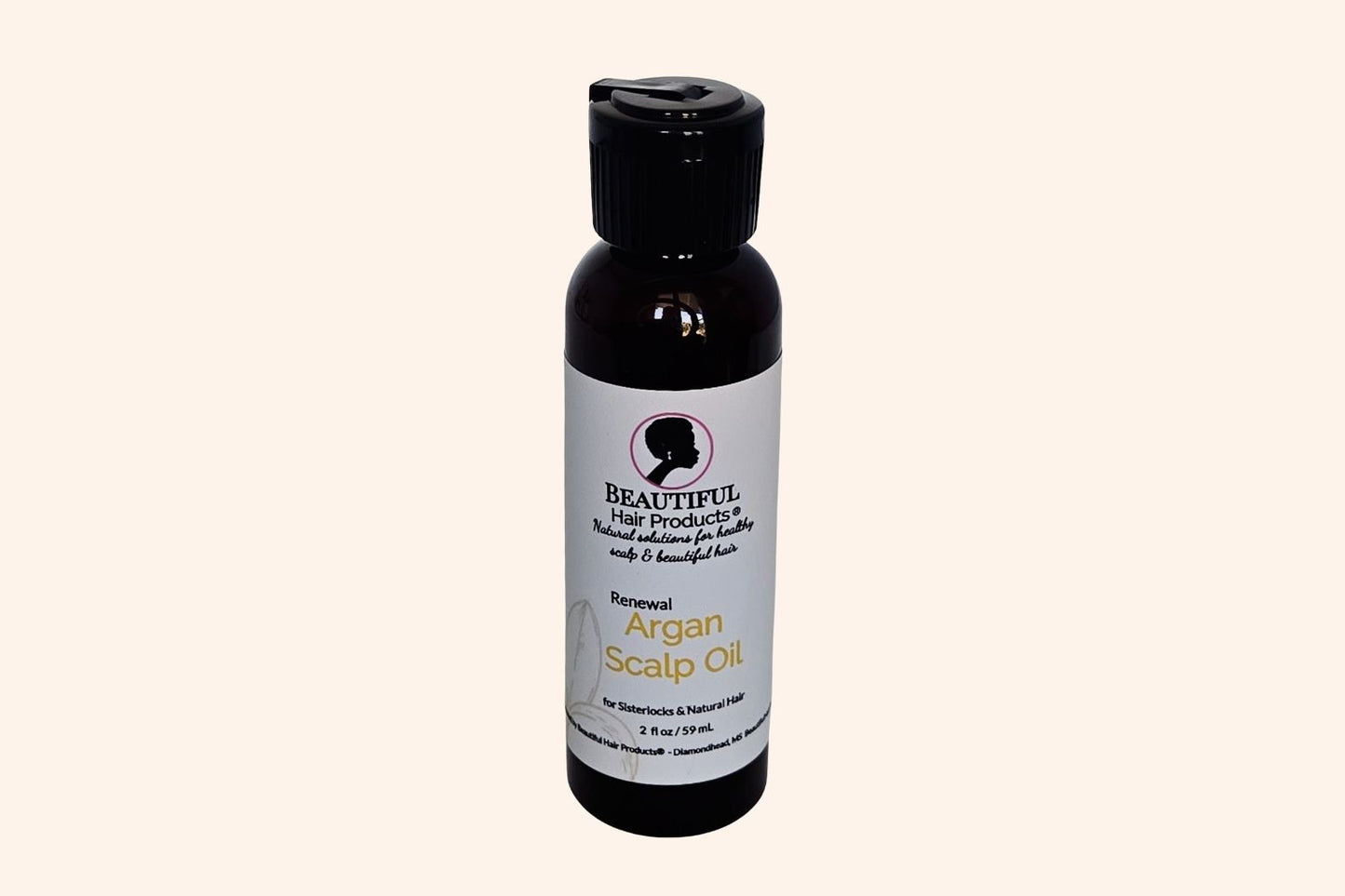 Argan Scalp Renewal Growth Oil 2oz bottle with gold and cream label for pure argan oil hair growth treatment
