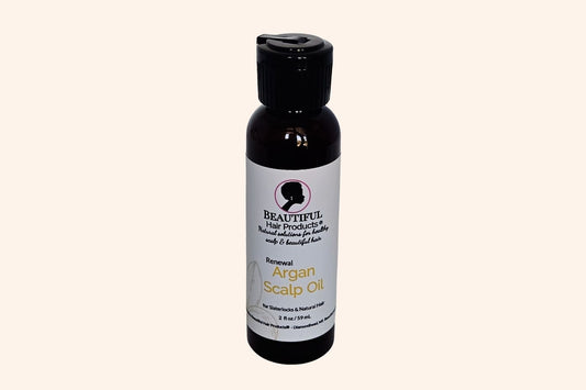 Argan Scalp Renewal Growth Oil 2oz bottle with gold and cream label for pure argan oil hair growth treatment