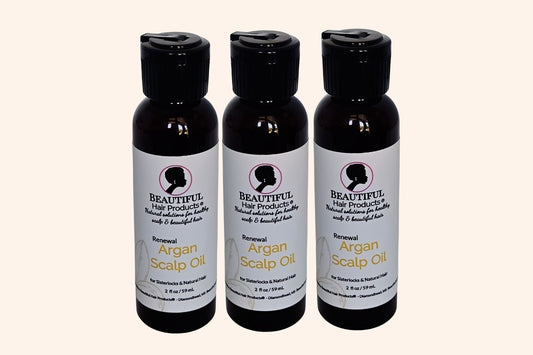 3 bottles of Argan Scalp Renewal Growth Oil 2oz bottle with gold and cream label for pure argan oil hair growth treatment