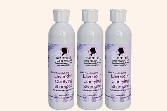 Three bottles of Lavender Clarifying & Hydrating Shampoo bottle, 8oz sulfate-free with purple and cream label for high porosity hair