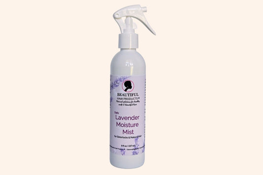 Lavender Daily Moisture Mist bottle, 8oz with purple and cream label featuring lavender for Sisterlocks therapeutic care