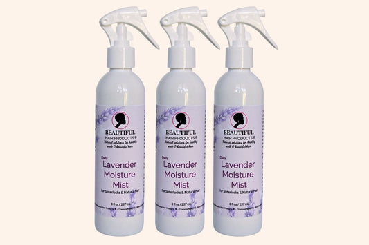 Three bottles of Lavender Daily Moisture Mist bottle, 8oz with purple and cream label featuring lavender for Sisterlocks therapeutic care
