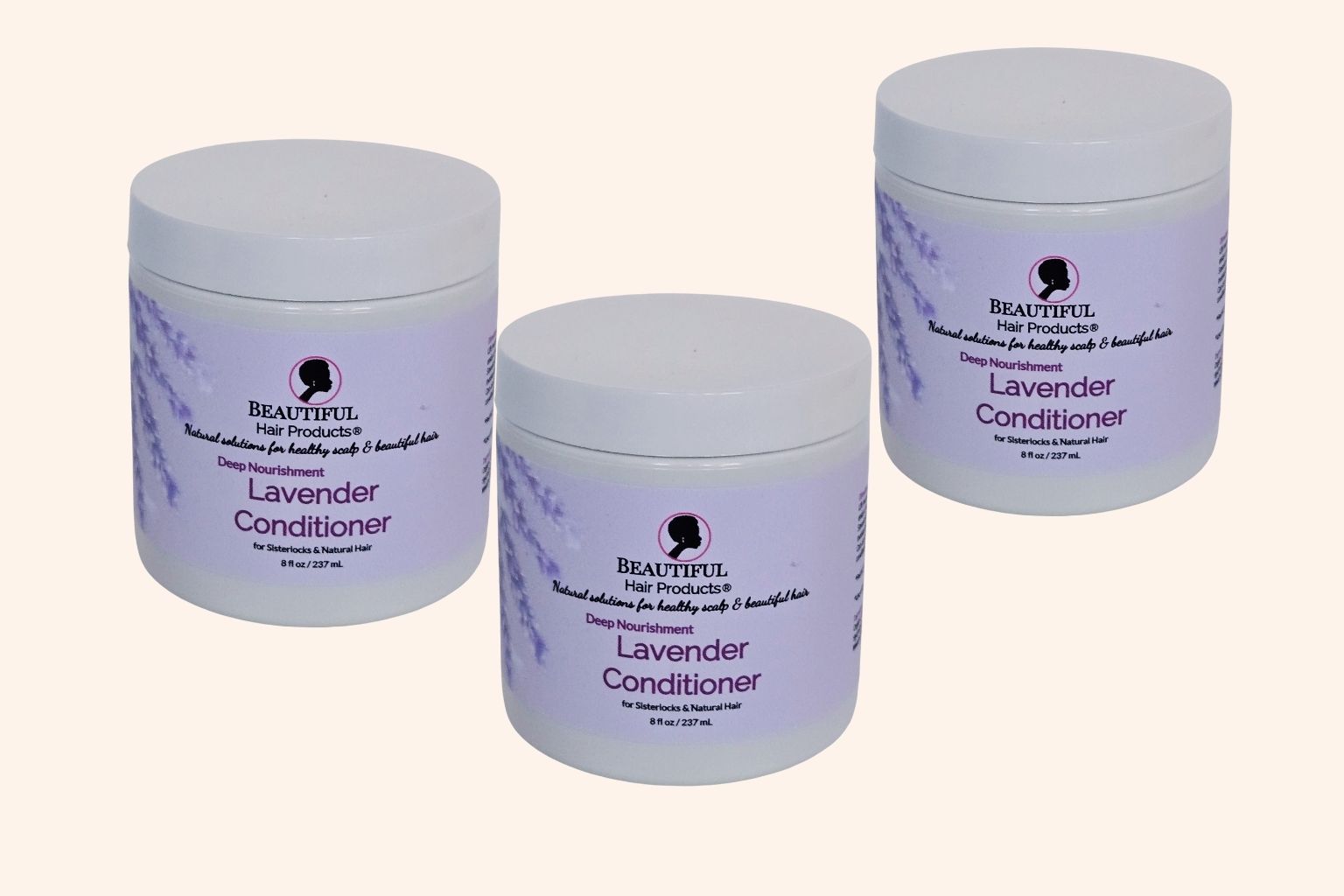 Three jars of Lavender Deep Conditioning Whip jar, 8oz with purple and cream label featuring jojoba and lanolin for high porosity conditioning