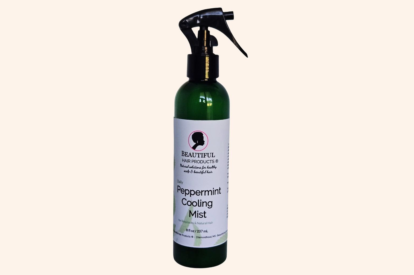 Peppermint Daily Cooling Mist 8oz bottle with green and cream label for Sisterlocks and natural hair moisturizing