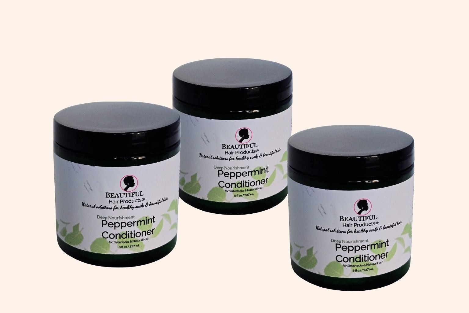 Three jars of Peppermint Deep Conditioning Cream jar, 8oz replenishing treatment with green and pink label for low porosity dry natural hair