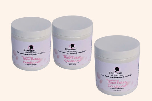 Three jars of Rose Petals Deep Conditioner 8oz jar with pink and cream label for intensive medium porosity hair treatment