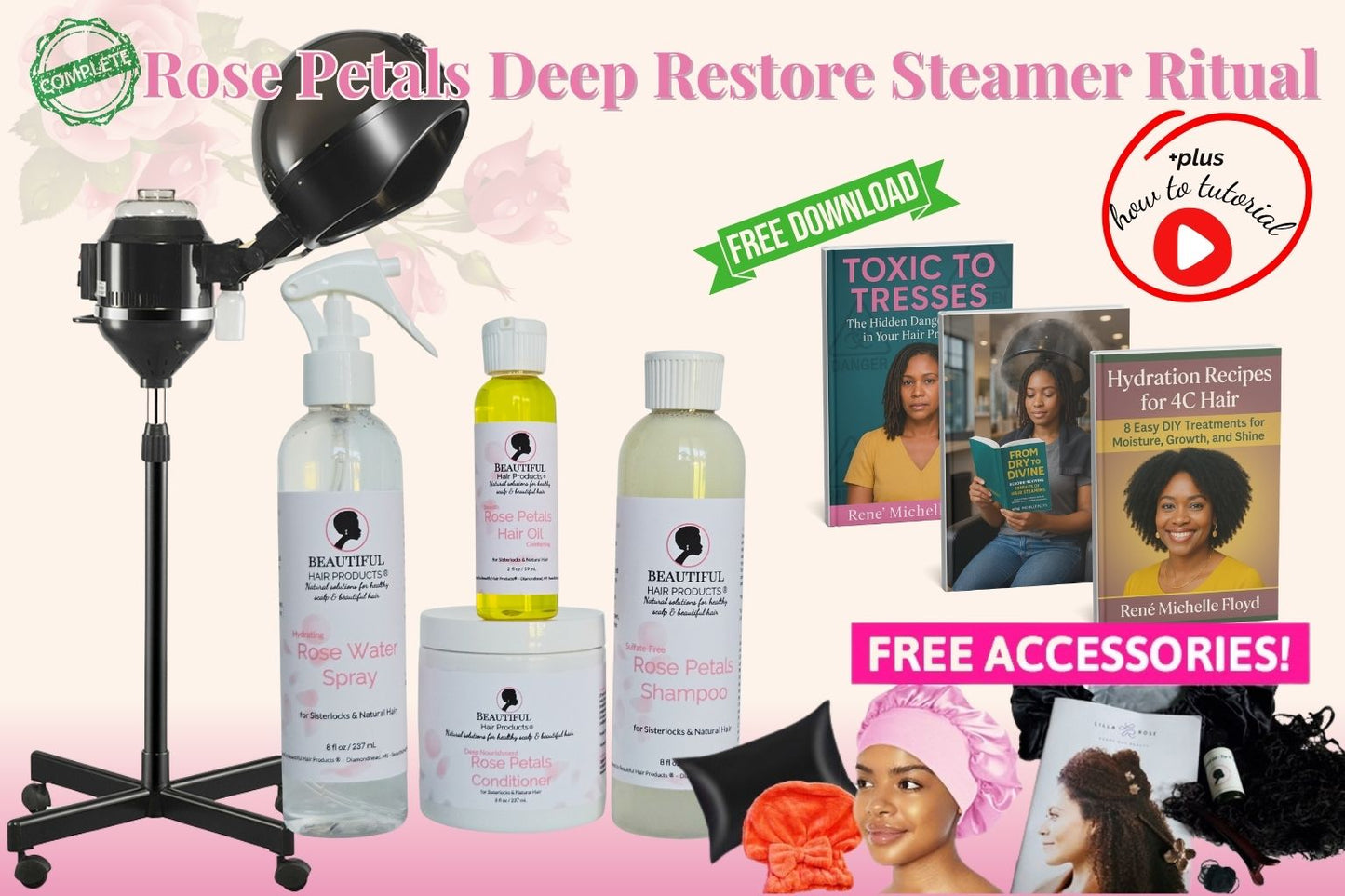 Rose Petals Deep Restore Steamer Ritual complete system with all rose products, professional steamer and premium accessories for Sisterlocks care