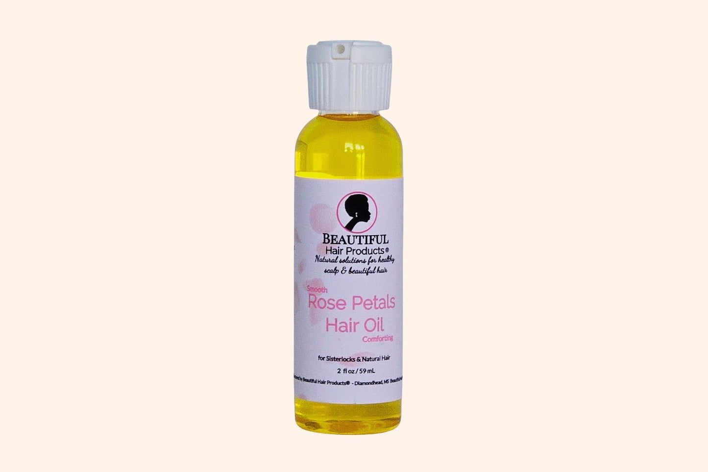 Rose Petals Scalp & Hair Oil bottle, 2oz with pink and cream label featuring rose petals for scalp and hair nourishment