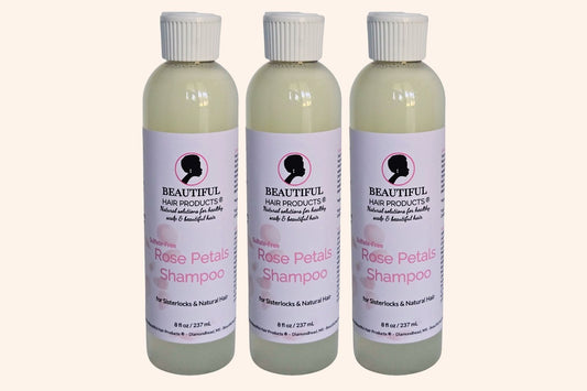Three bottles of Rose Petals Sulfate-Free Shampoo 8oz bottle with pink and cream label for gentle medium porosity hair cleansing
