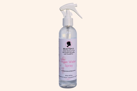 Rose Water Hydrating Spray 8oz bottle with pink and cream label for daily moisture mist for medium porosity hair