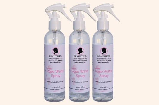 Three bottles of Rose Water Hydrating Spray 8oz bottle with pink and cream label for daily moisture mist for medium porosity hair